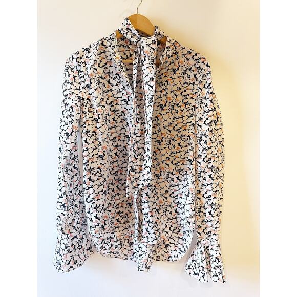 Veronica Beard 100% Silk Long Sleeve White Black Print Neck Tie Button Up Blouse - Picture 1 of 7